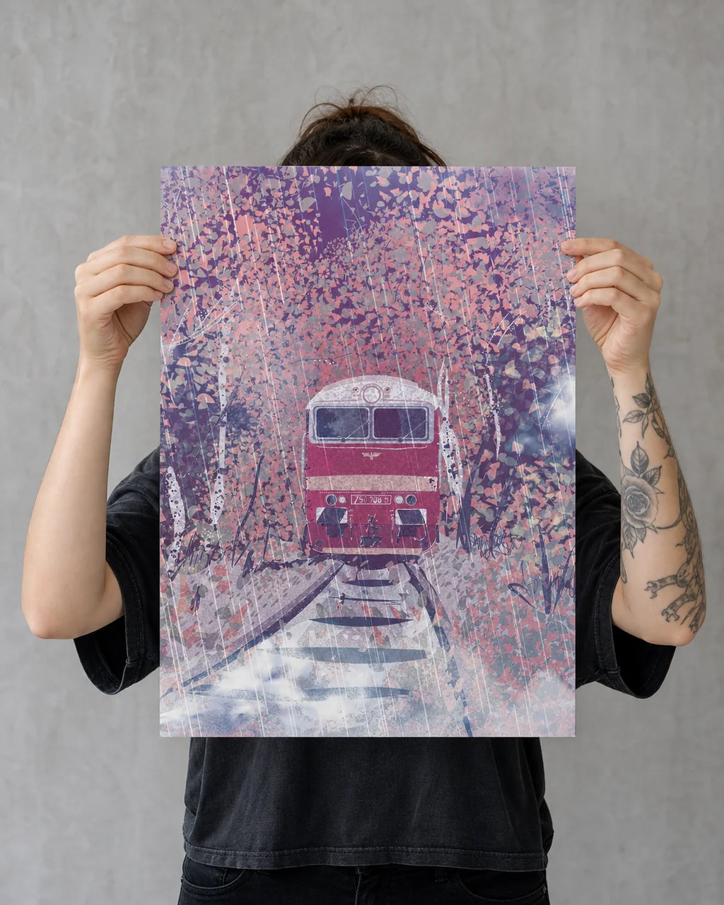 Brejloun v dešti – autorský tisk, vlak v dešti | A4, A3, A6