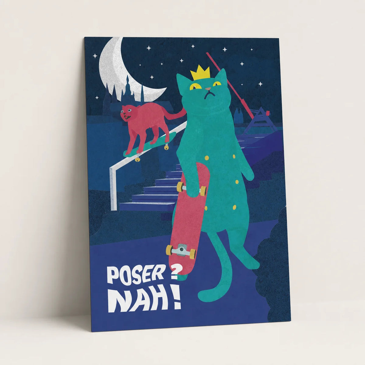 Kocour Pozér – autorský tisk, kočka na skejtu | A4, A3, A6