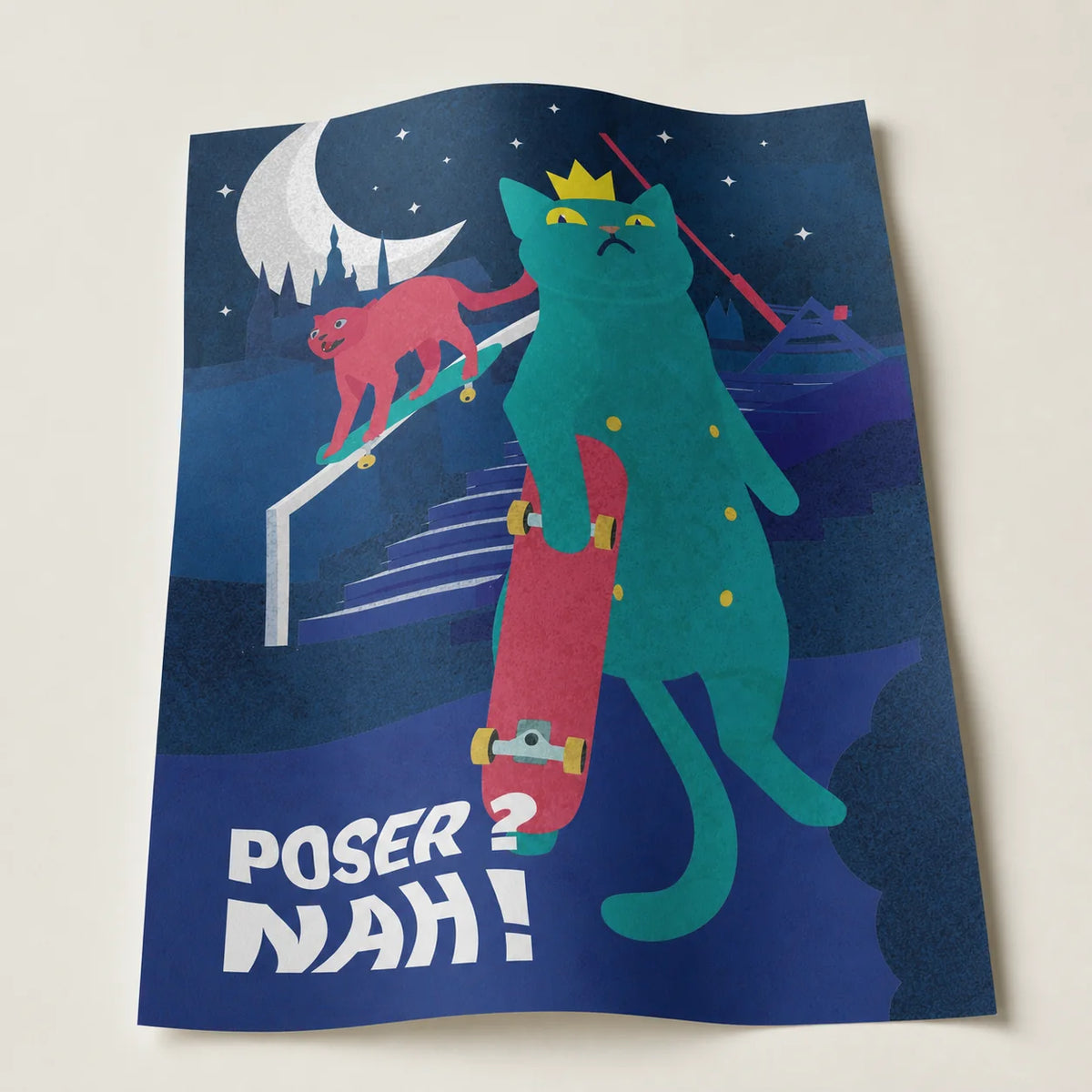Kocour Pozér – autorský tisk, kočka na skejtu | A4, A3, A6