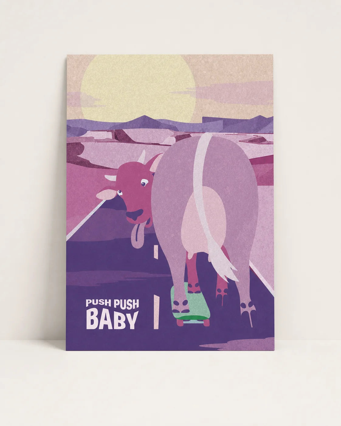 Push Push Baby – autorský tisk, kráva na skejtu | A4, A3, A6
