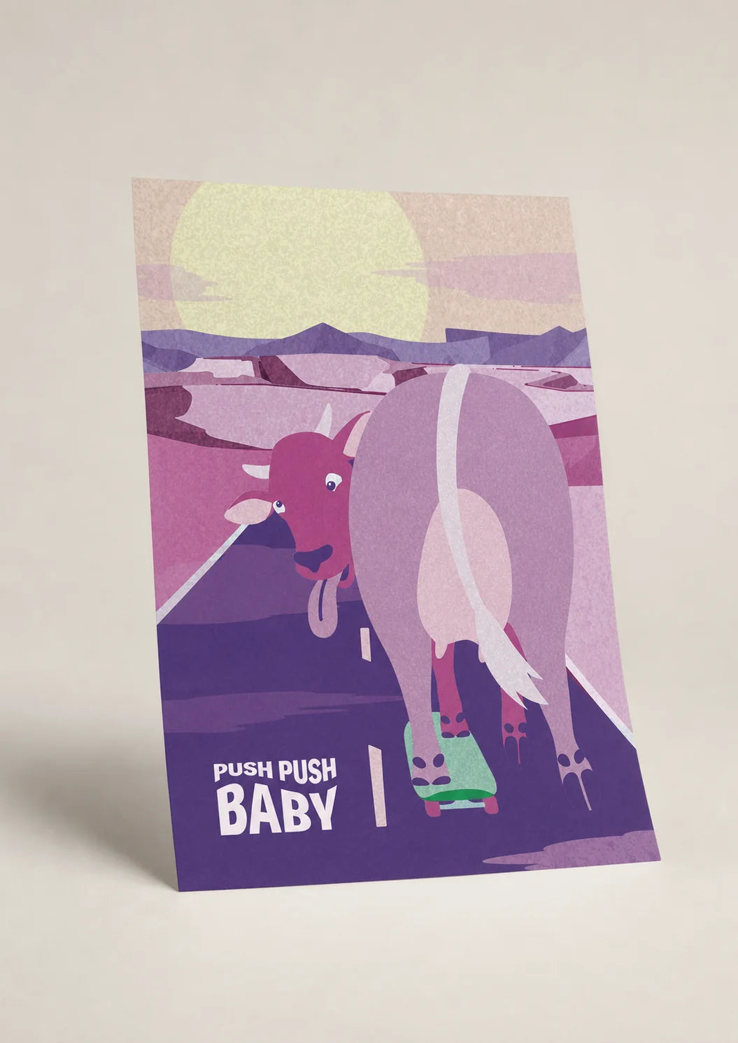 Push Push Baby – autorský tisk, kráva na skejtu | A4, A3, A6
