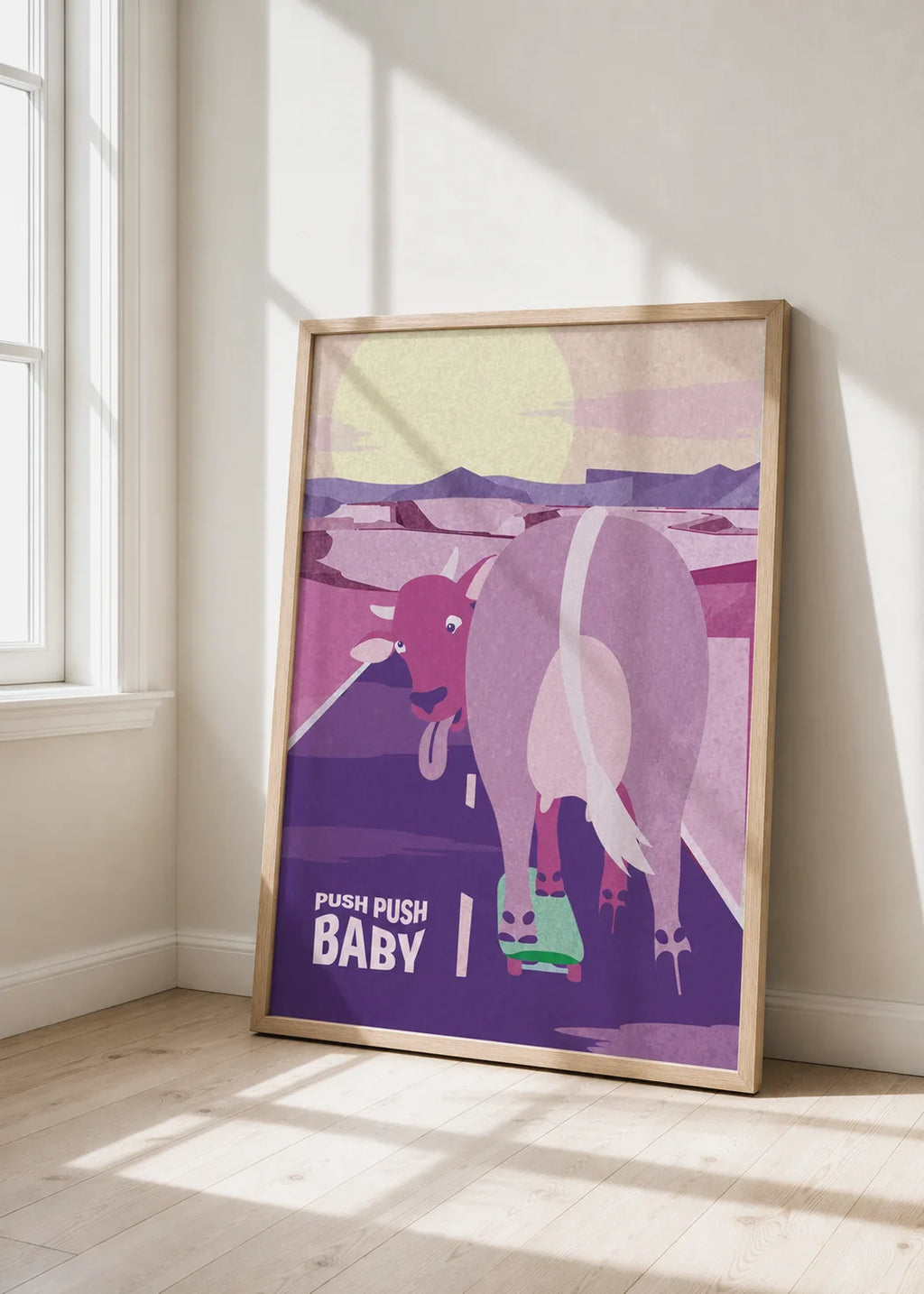 Push Push Baby – autorský tisk, kráva na skejtu | A4, A3, A6