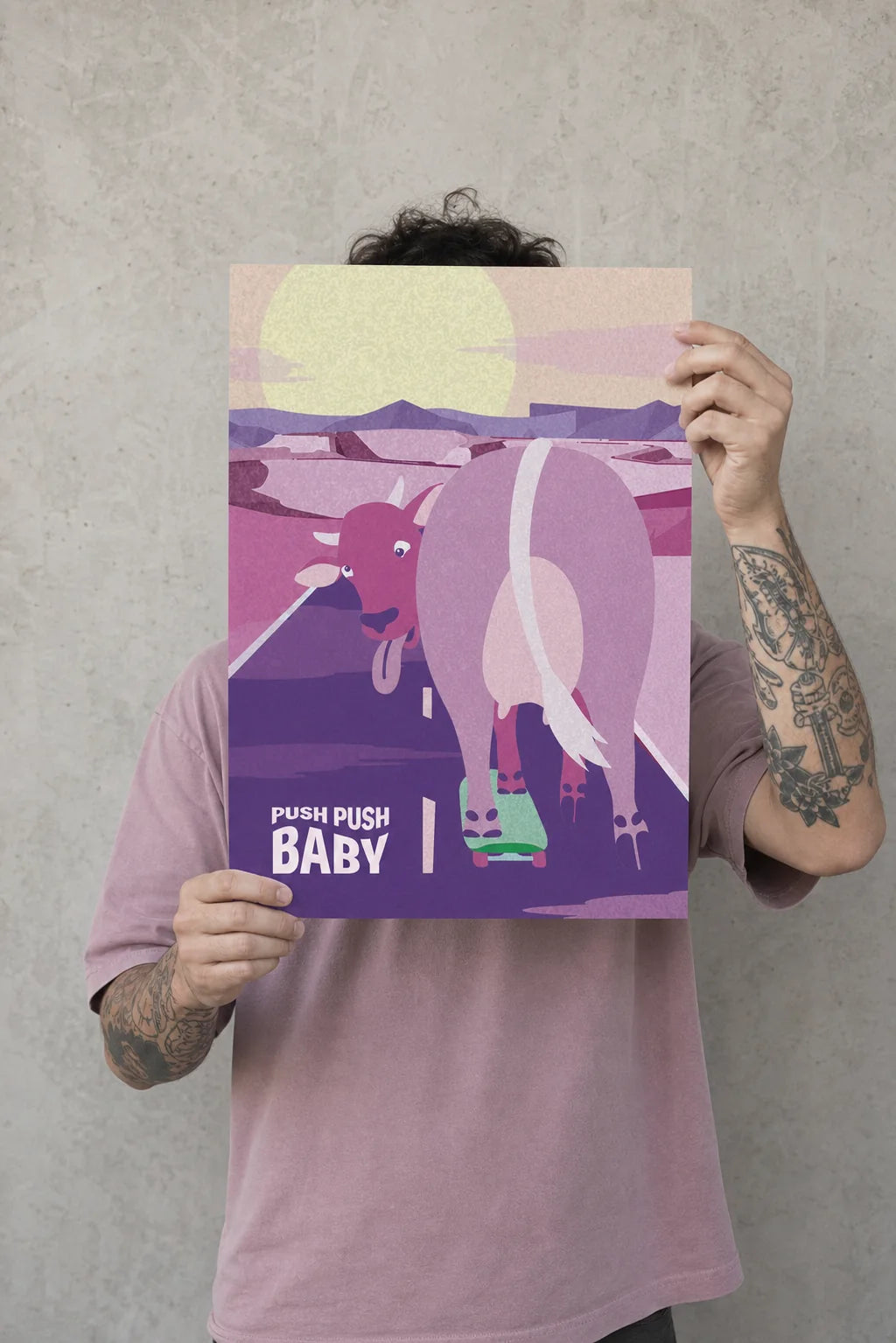 Push Push Baby – autorský tisk, kráva na skejtu | A4, A3, A6